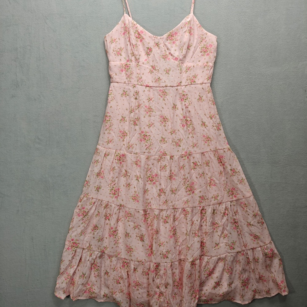 Pink Floral Cottagecore Tiered Maxi‎ Dress Large Feminine Romantic Garden Picnic